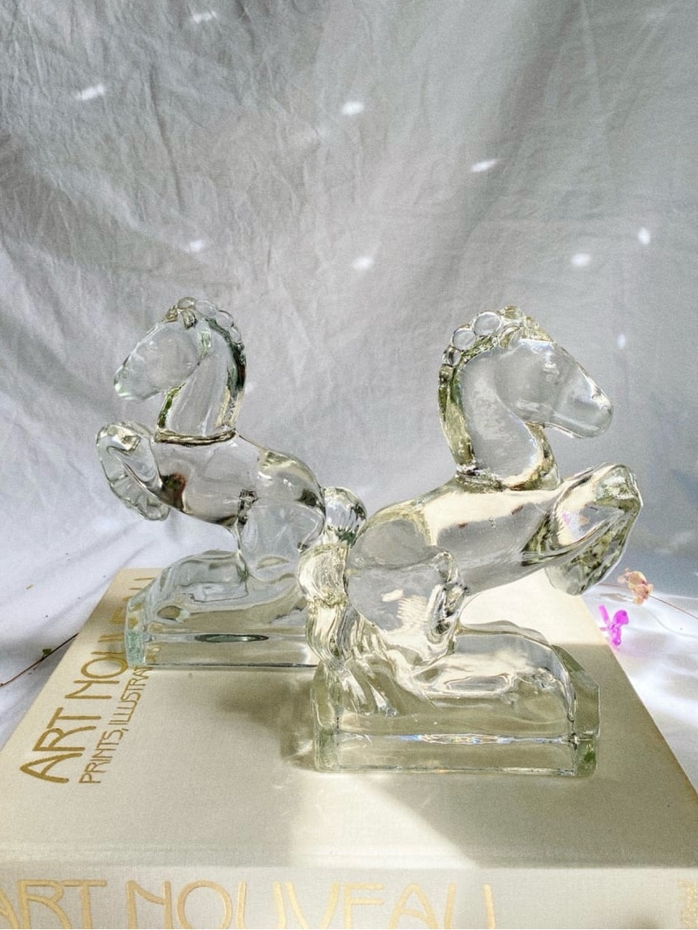 Heavy Clear Glass Vintage Rearing Horse Bookends